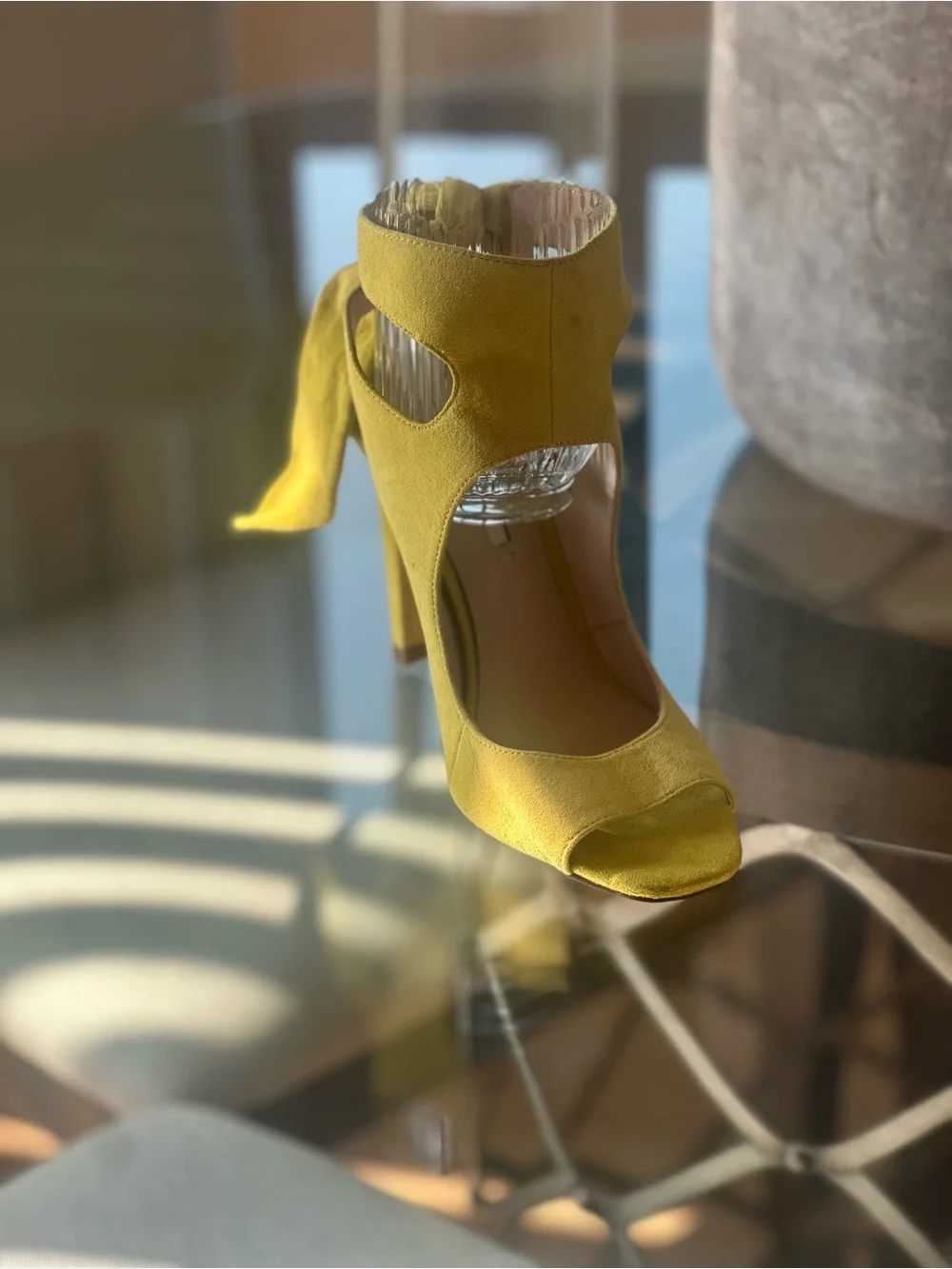 Zara Yellow Suede Tie-Ankle Open-Toe Heels